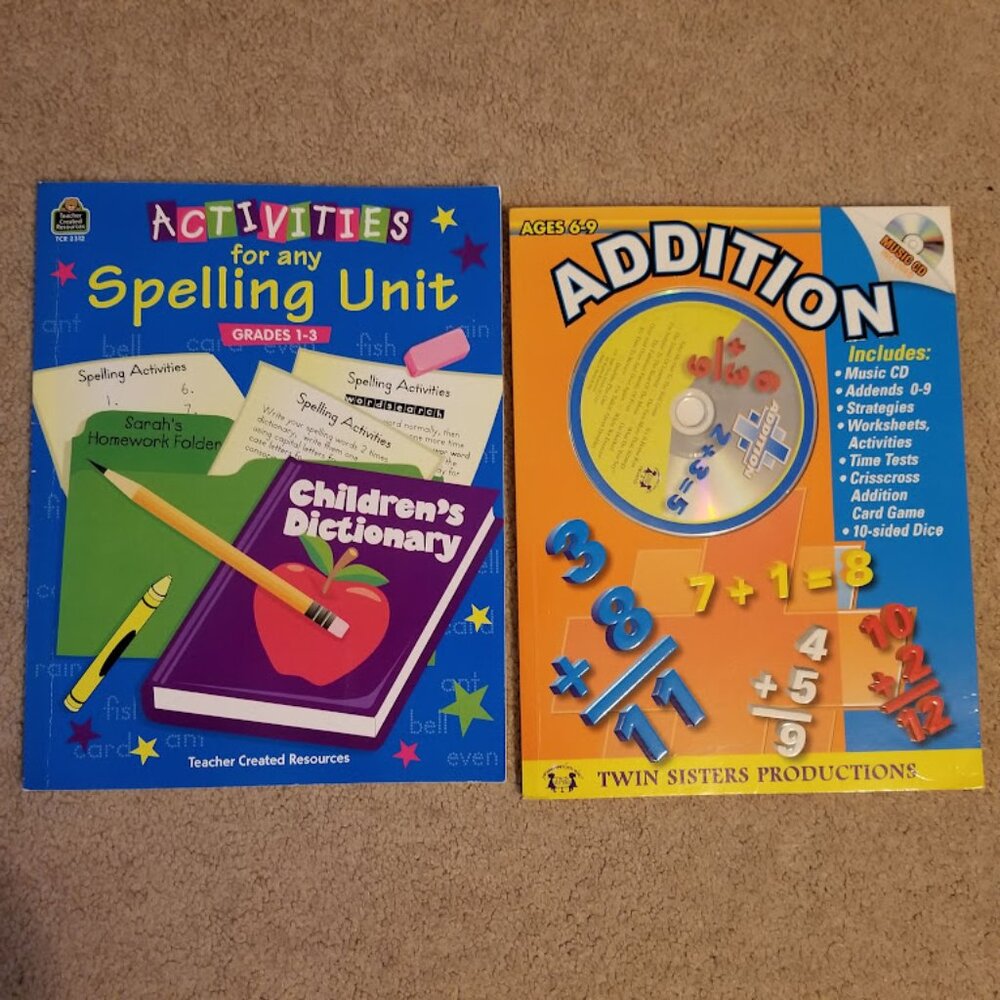 Lot of 2 Educational Student Workbooks, Addition Math, Spelling, Grades 1-3